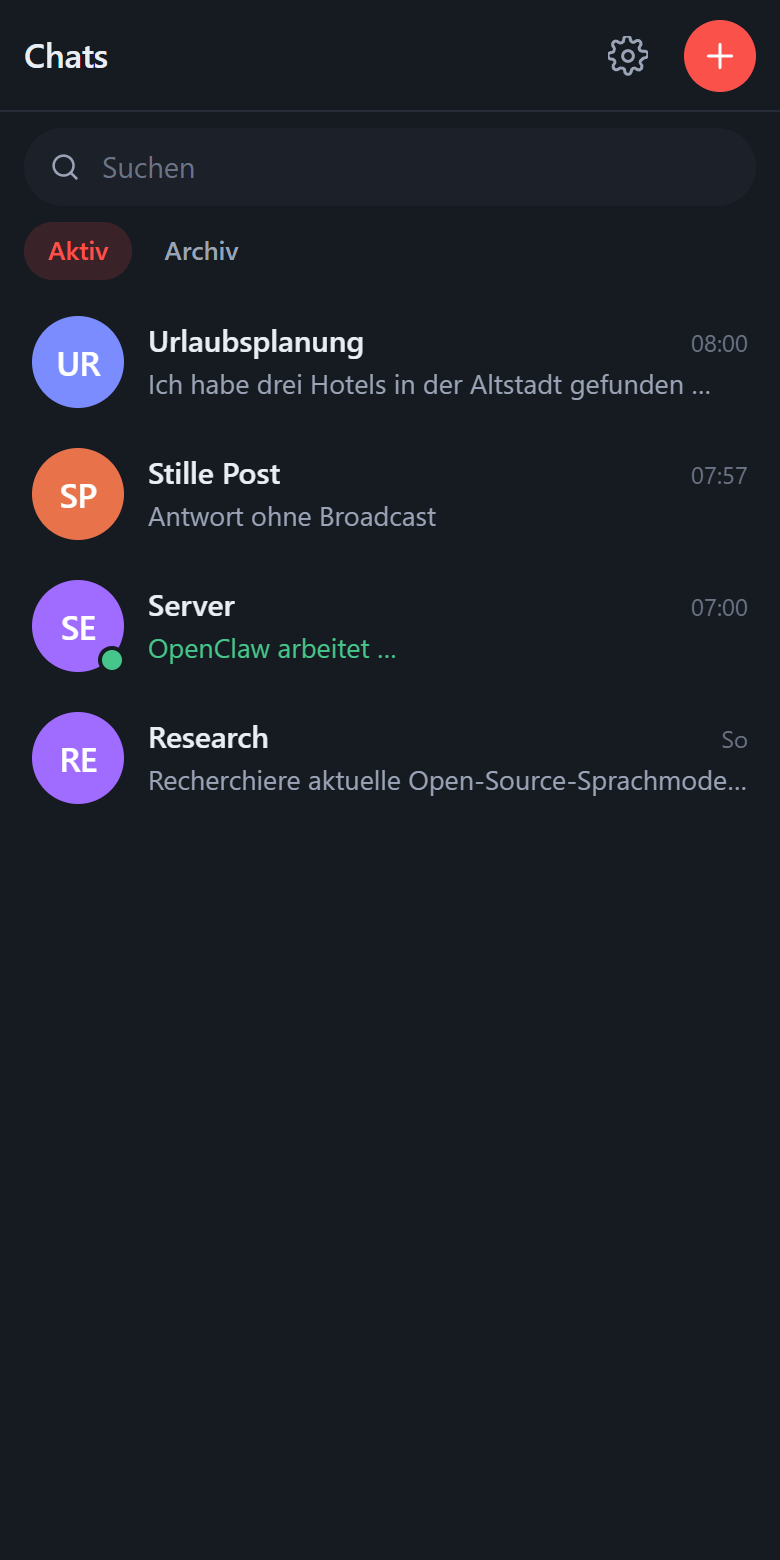 cllw auf dem Telefon: die Konversationsliste mit Vorschau und Zeitpunkt